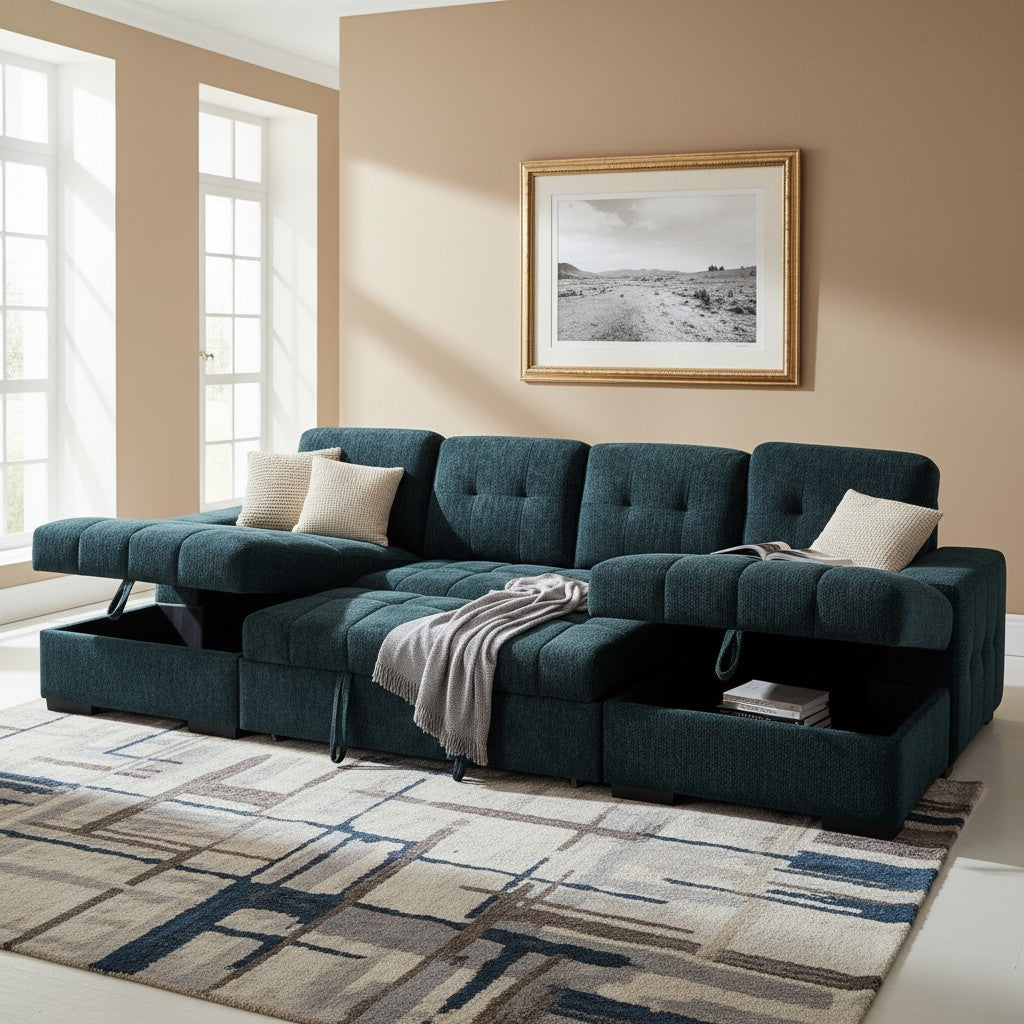 Palermo Sofabed Teal Blue Fabric U Shape Storage Corner Sofa