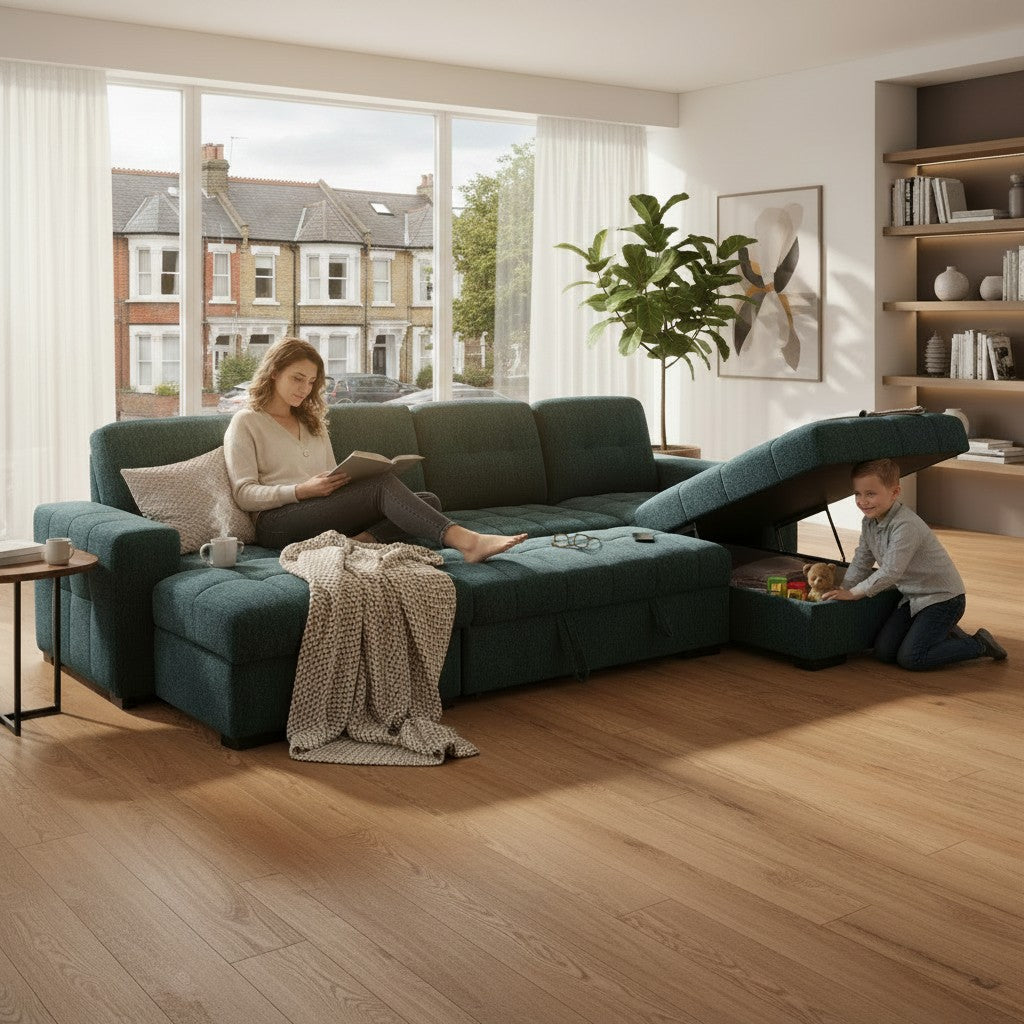 Palermo Sofabed Teal Blue Fabric U Shape Storage Corner Sofa