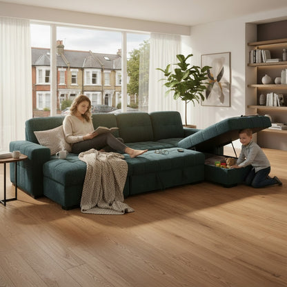Palermo Sofabed Teal Blue Fabric U Shape Storage Corner Sofa