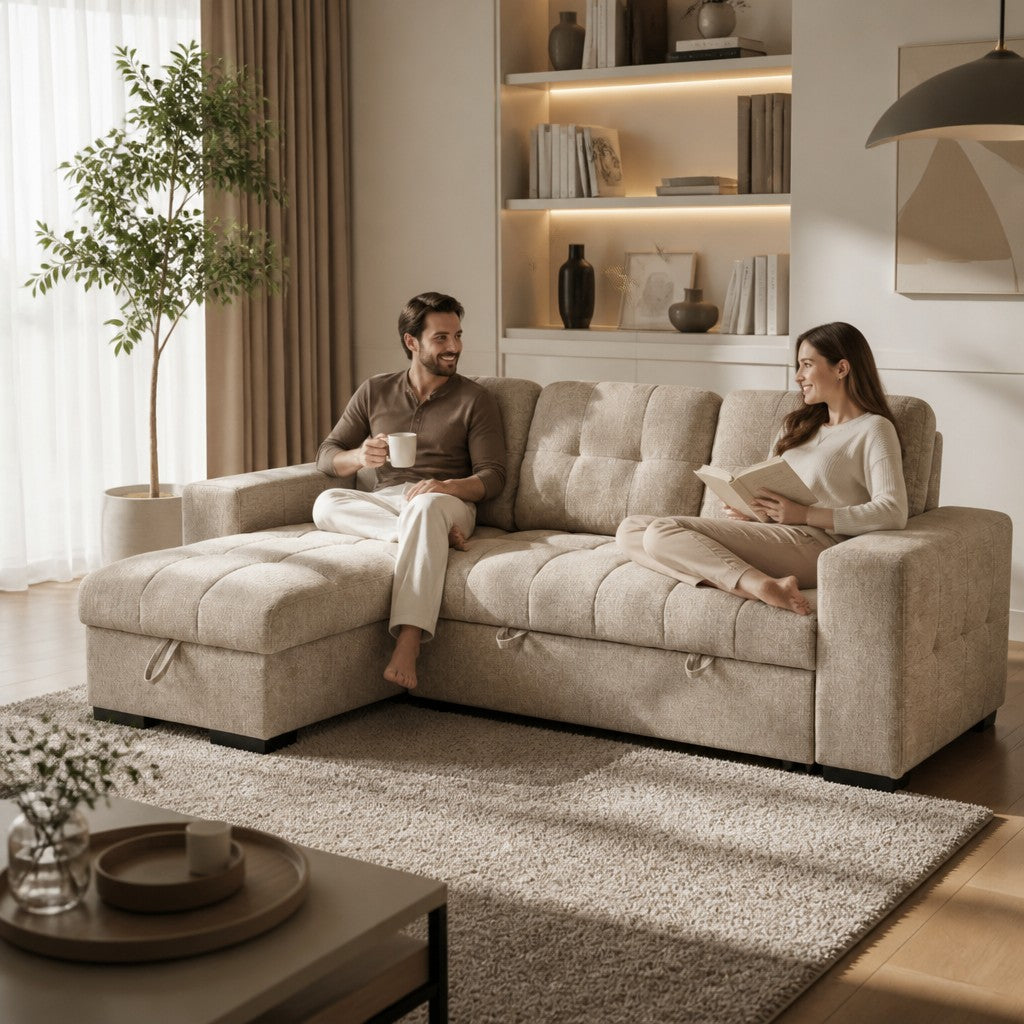 Palermo Beige Fabric Universal Sofabed Storage Corner Sofa
