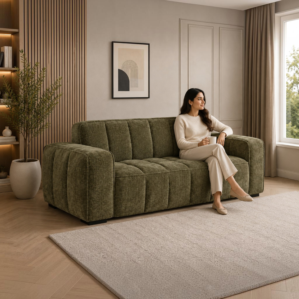 Paris Olive Green Fabric 3 Seater Sofa