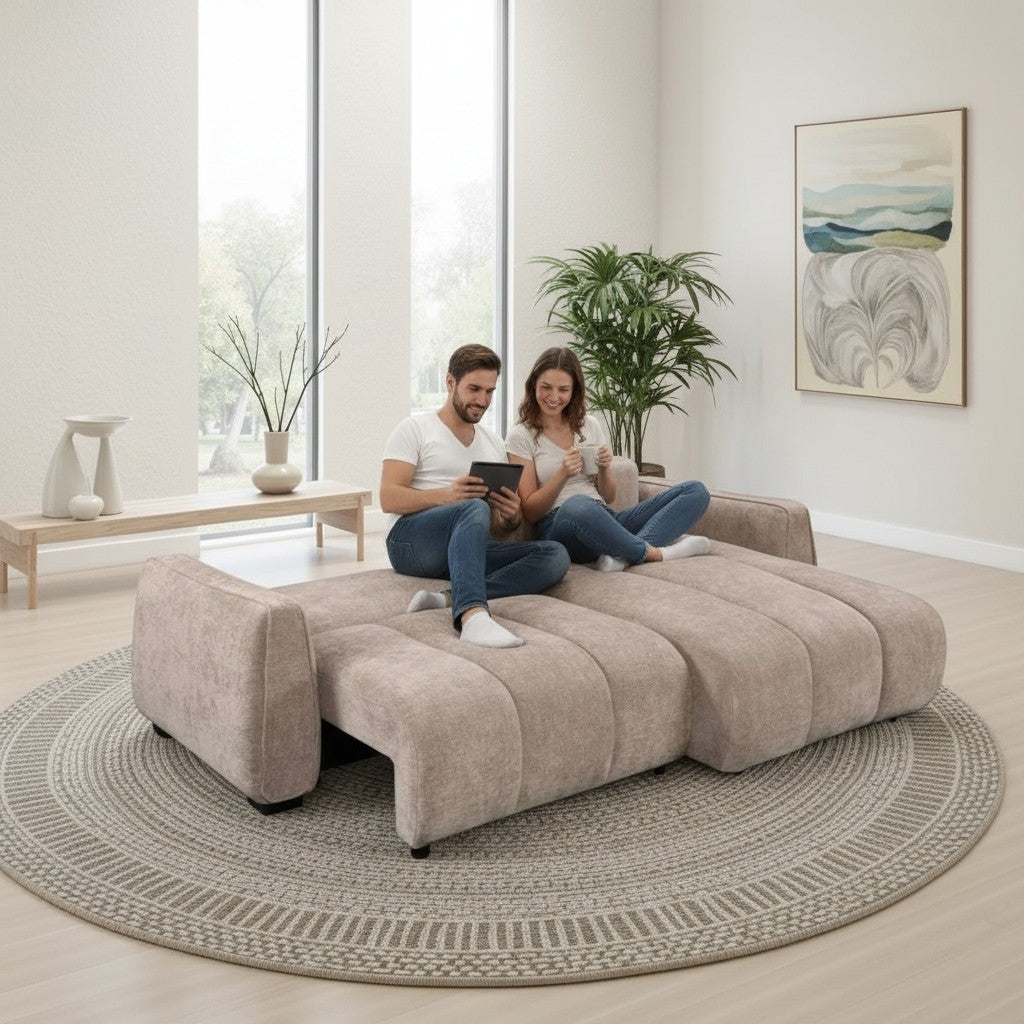 Portland Sofabed Beige Fabric Universal Storage Corner Sofa