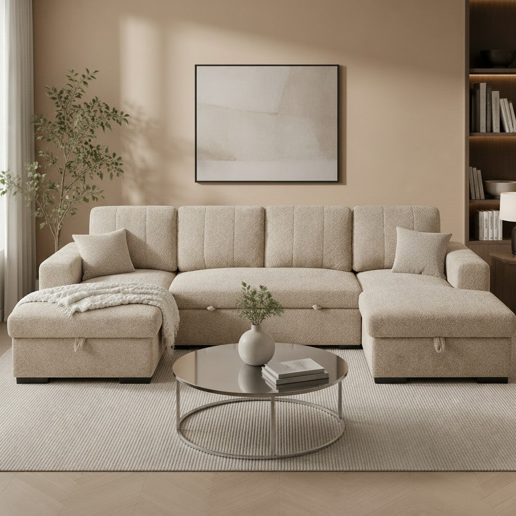 Como Sofabed Beige Fabric U Shape Storage Corner Sofa