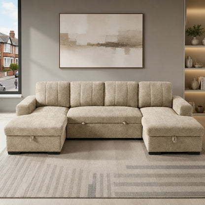 Como Sofabed Beige Fabric U Shape Storage Corner Sofa