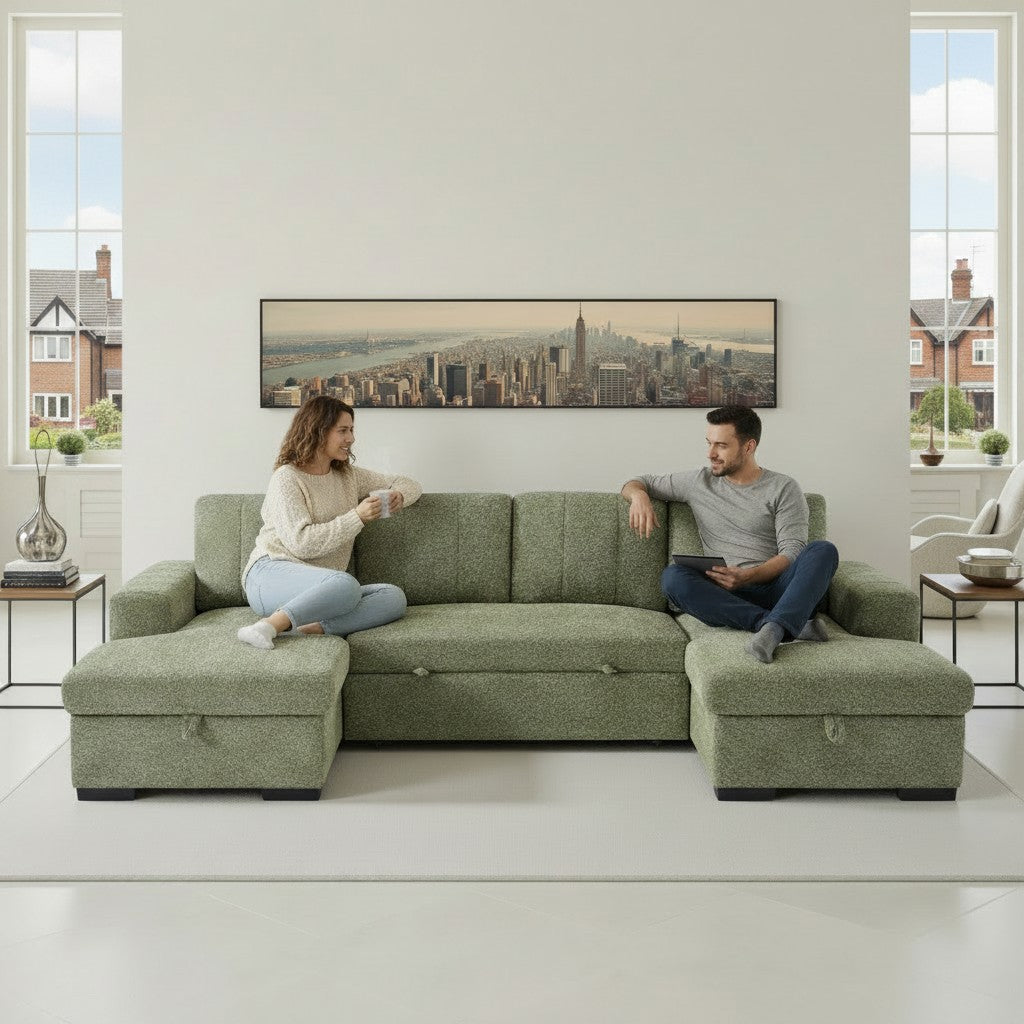 Como Sofabed Green Fabric U Shape Storage Corner Sofa