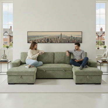 Como Sofabed Green Fabric U Shape Storage Corner Sofa