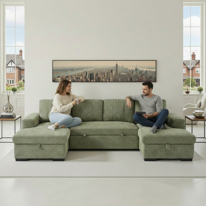 Como Sofabed Green Fabric U Shape Storage Corner Sofa