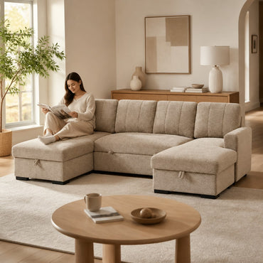 Como Sofabed Beige Fabric U Shape Storage Corner Sofa