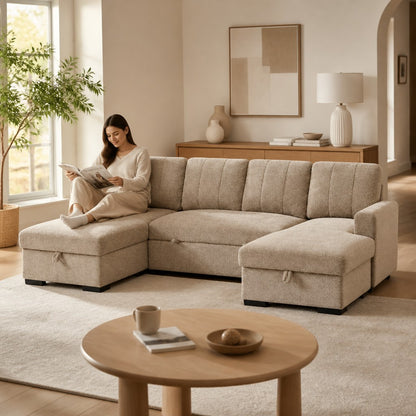 Como Sofabed Beige Fabric U Shape Storage Corner Sofa