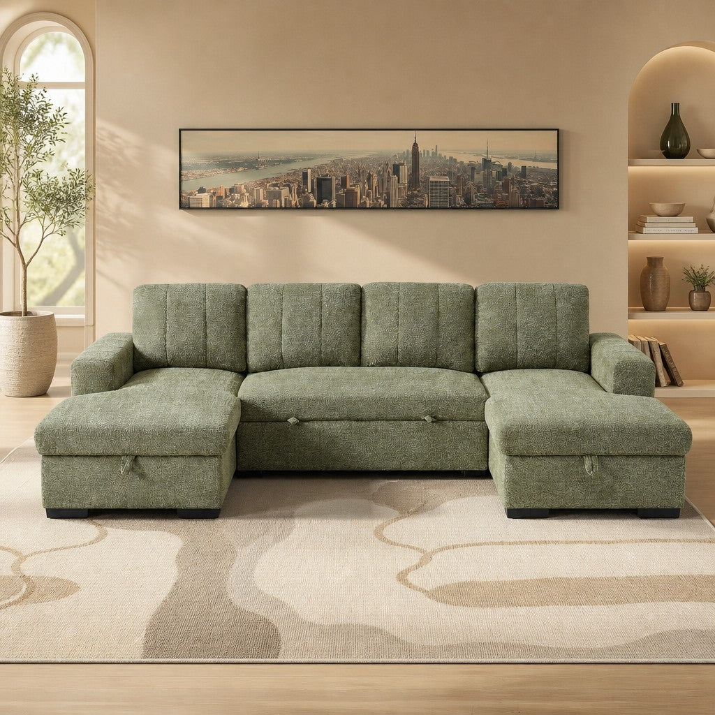 Como Sofabed Green Fabric U Shape Storage Corner Sofa