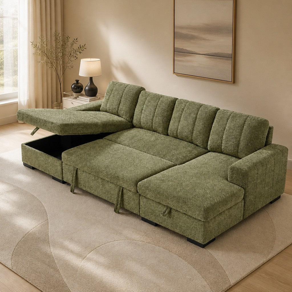 Como Sofabed Green Fabric U Shape Storage Corner Sofa
