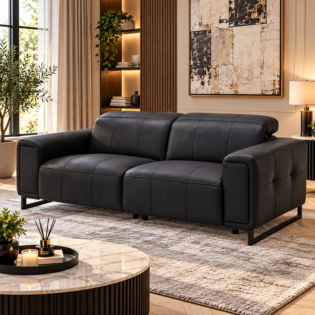 Richmond Electric Power Sliding Recliner Black Leather 3 Seater Sofa