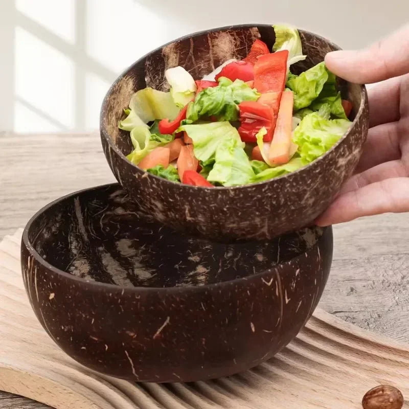 Natural Reusable Coconut Bowls And Wooden Spoon