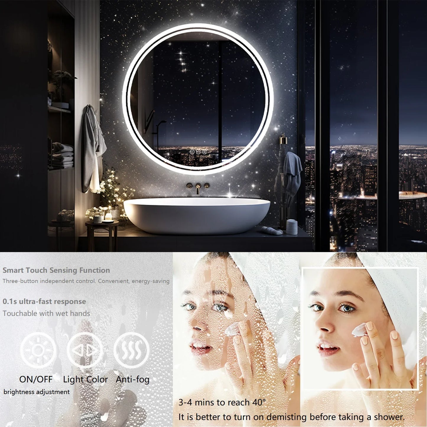 Smart Touch LED Bathroom Vanity Mirror Anti-Fog with Brighter Lights