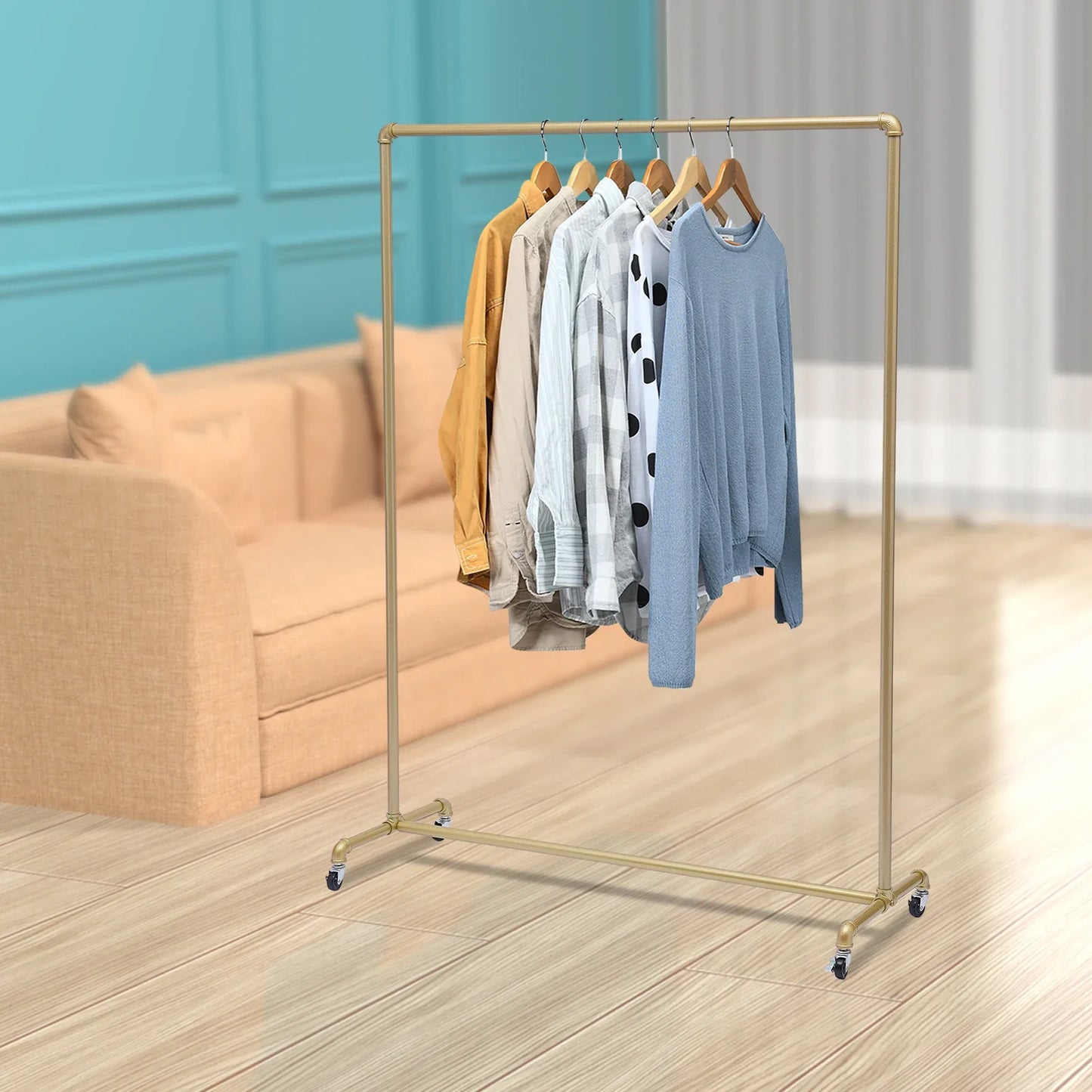Standing Galvanized Pipe Clothing Rack With Wheels  120*40*160cm