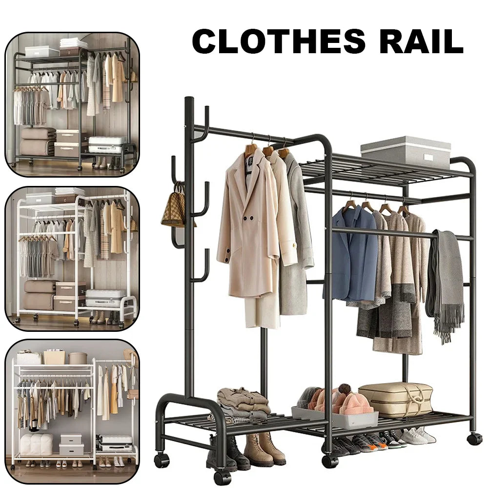 Floor Standing Clothes Rail with Wheels-Double Tier