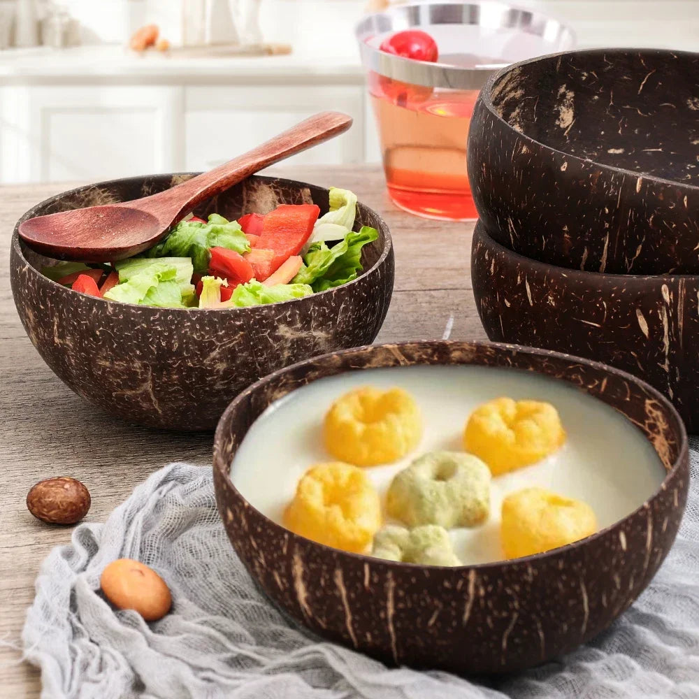 Natural Reusable Coconut Bowls And Wooden Spoon