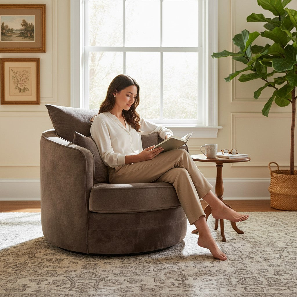 Serena Brown Fabric Swivel Armchair