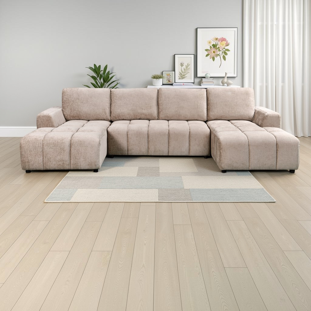 Shanghai Luxury Sofabed Beige Fabric U Shape Corner Sofa