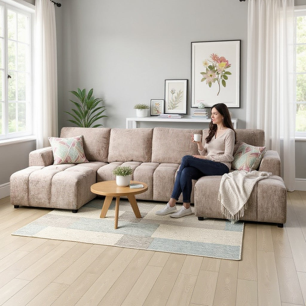 Shanghai Luxury Sofabed Beige Fabric U Shape Corner Sofa