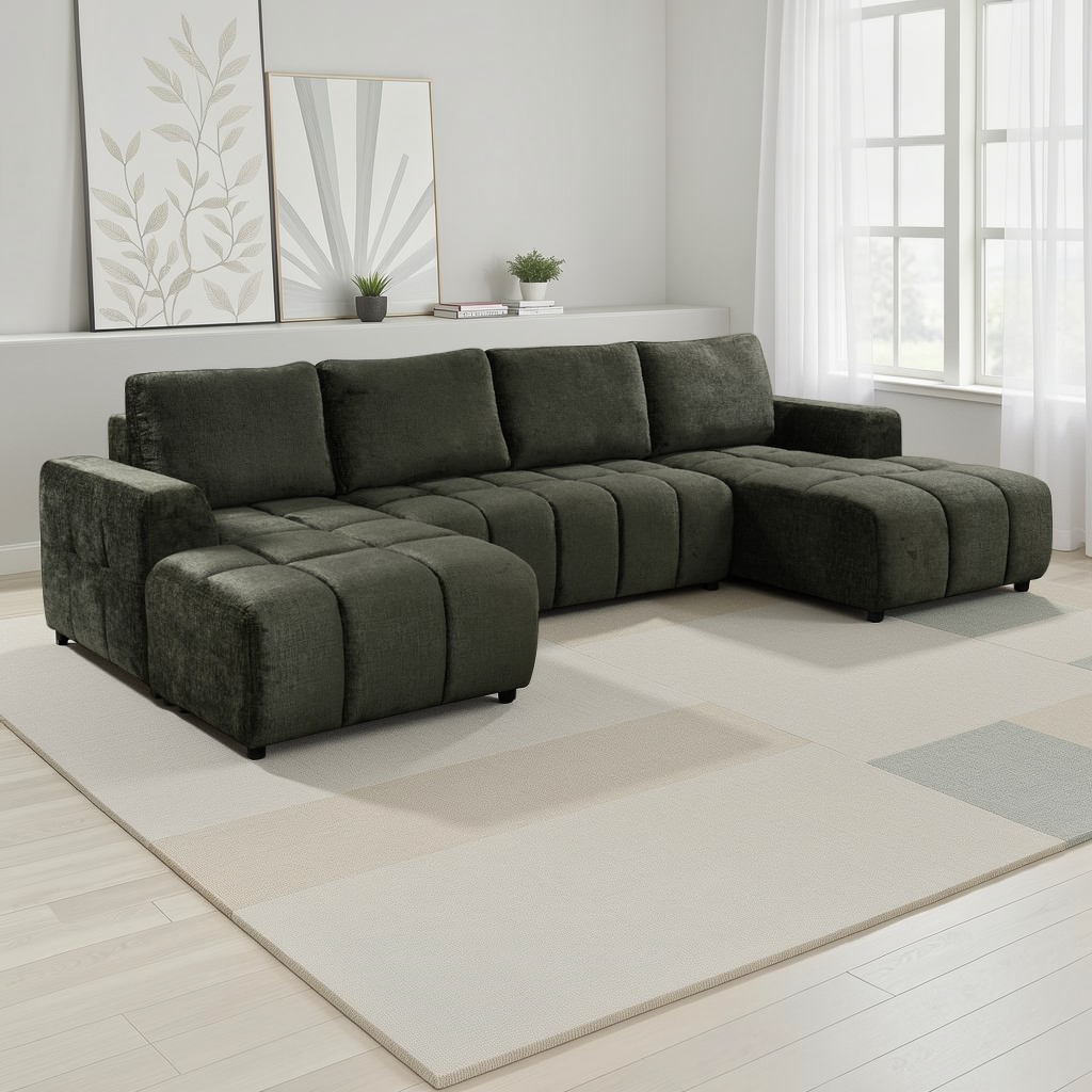 Shanghai Luxury Sofabed Green Fabric U Shape Corner Sofa