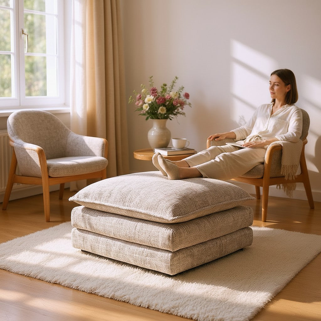 Solaya Beige Fabric Footstool