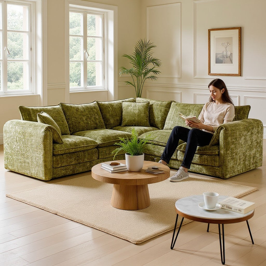Solaya Green Fabric Large Corner Sofa