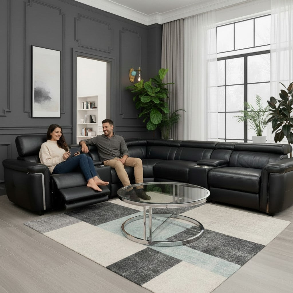 Somerville Electric Recliner Black Leather Cinema Console Large Corner Sofa