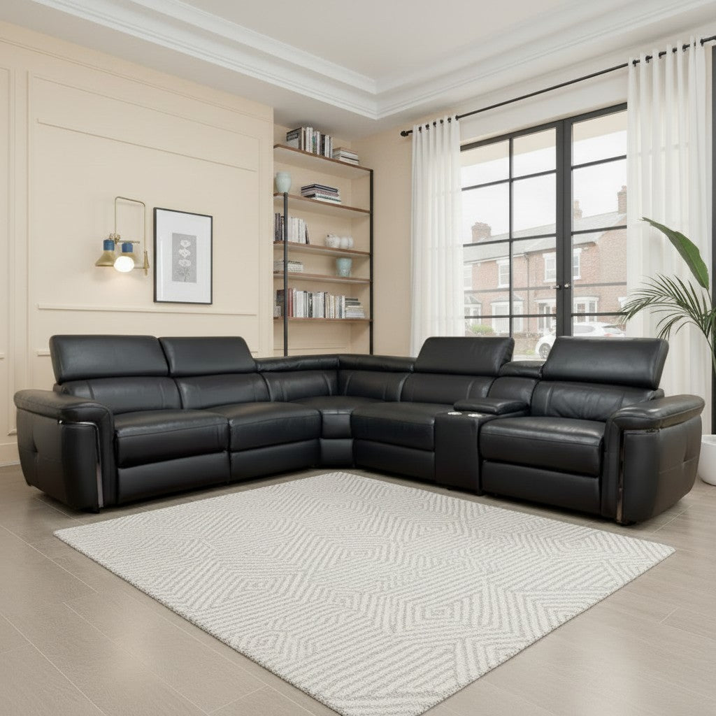 Somerville Electric Recliner Black Leather Cinema Console Large Corner Sofa