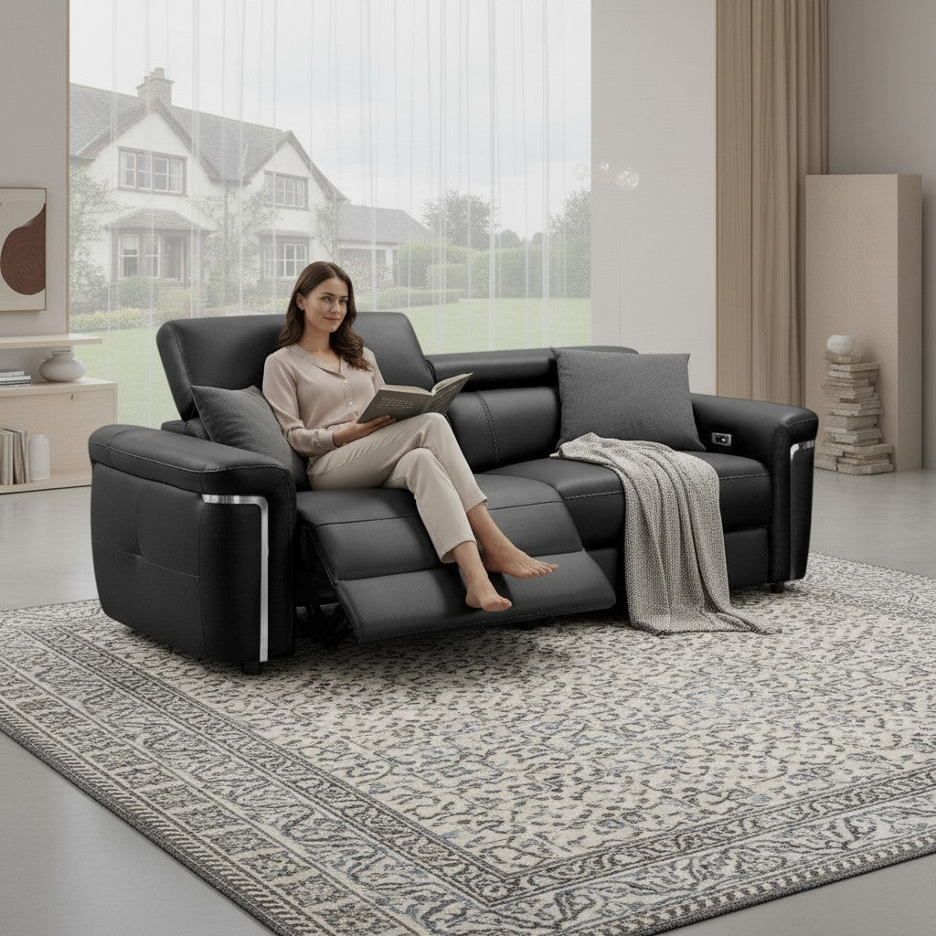 Somerville Electric Recliner Black Leather 3 Seater Sofa