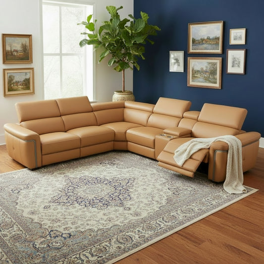Somerville Electric Recliner Tan Leather Cinema Console Large Corner Sofa