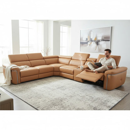 Somerville Electric Recliner Tan Leather Cinema Console Large Corner Sofa
