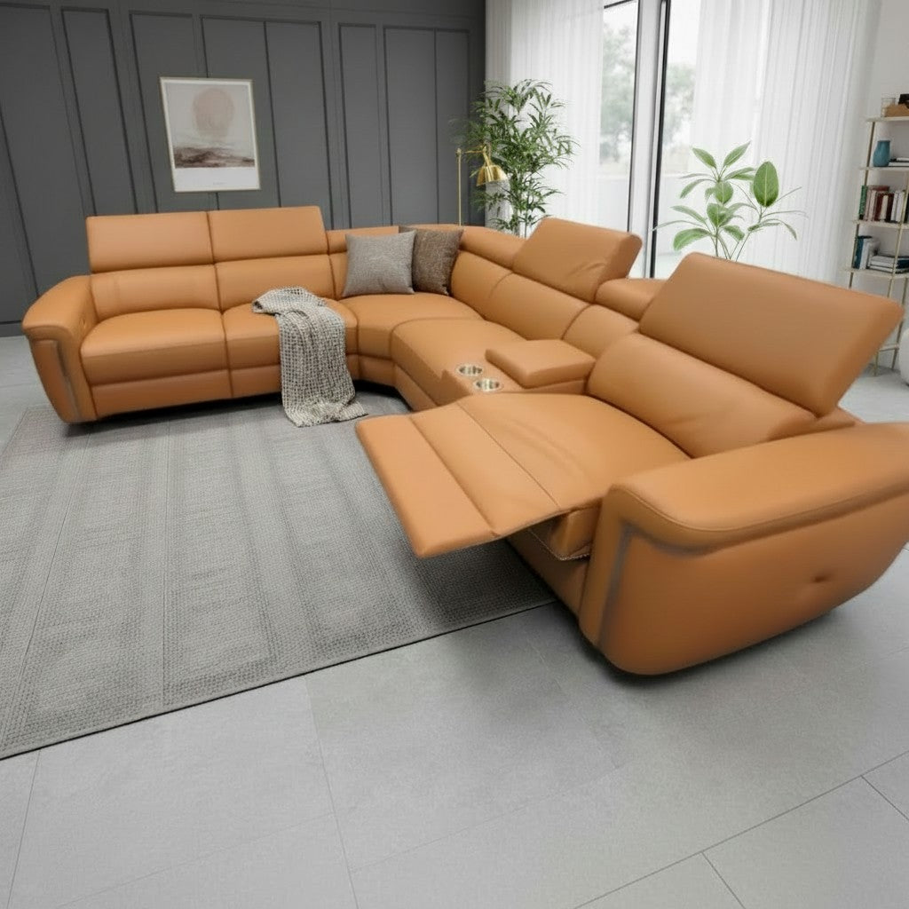 Somerville Electric Recliner Tan Leather Cinema Console Large Corner Sofa