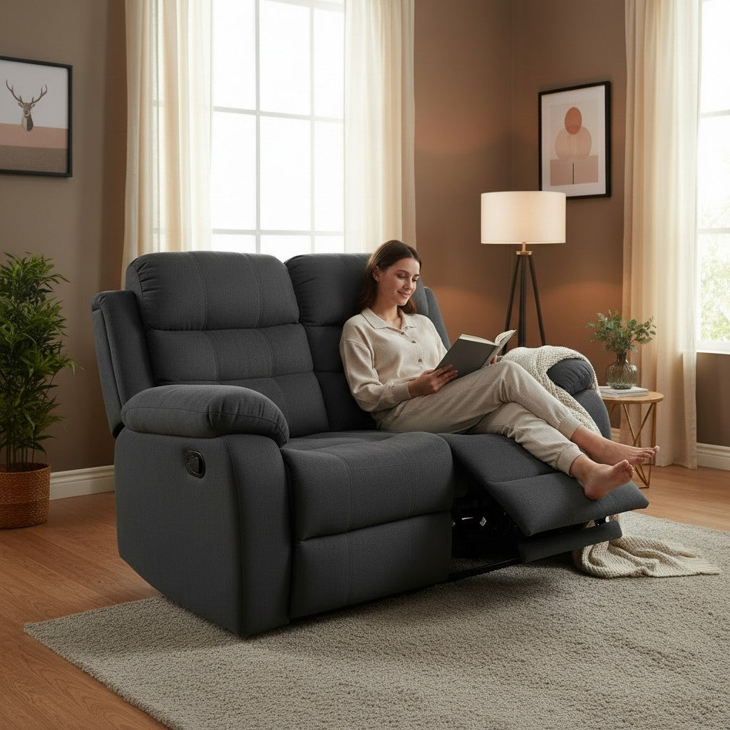 Stanley Manual Recliner Black Fabric 2 Seater Sofa