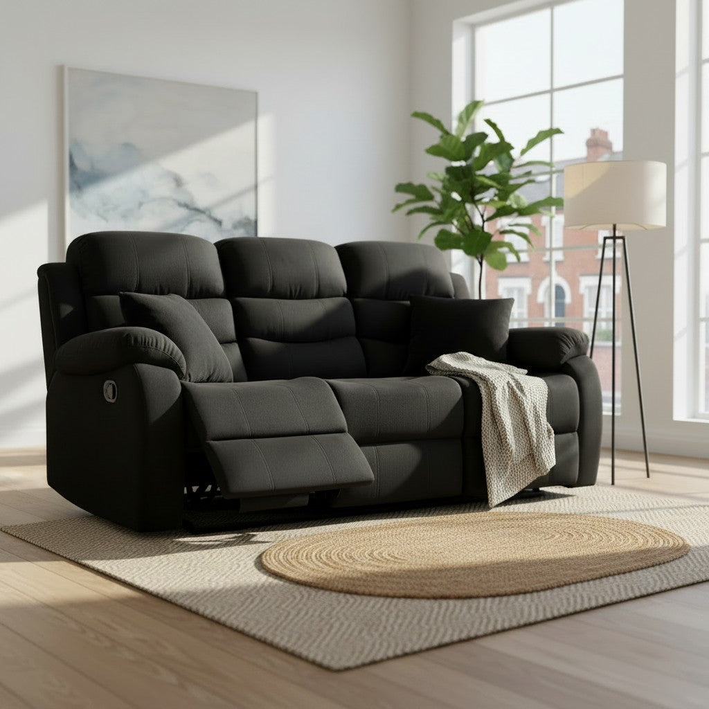 Stanley Manual Recliner Black Fabric 3 Seater Sofa