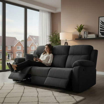 Stanley Manual Recliner Black Fabric 3 Seater Sofa