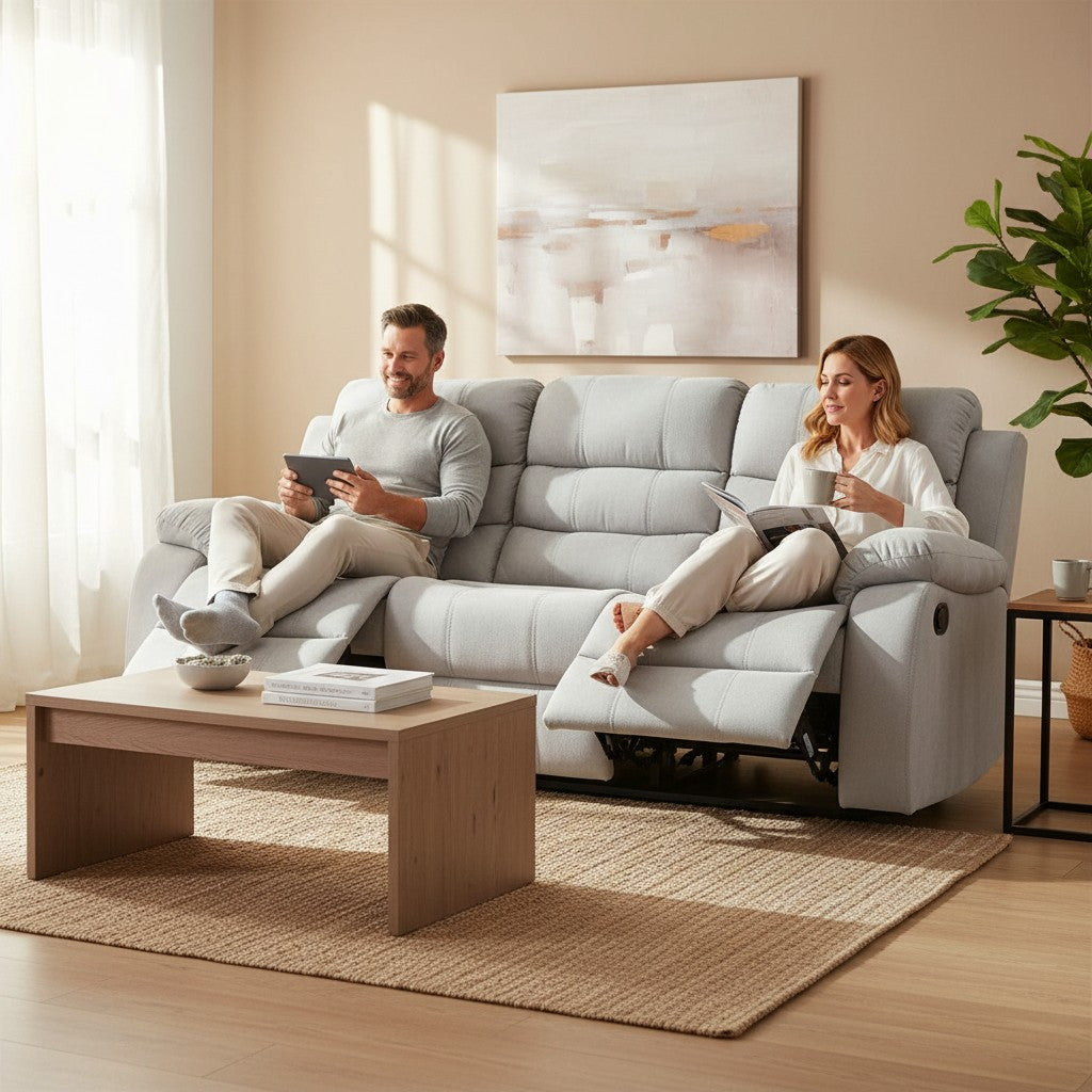 Stanley Manual Recliner Grey Fabric 3 Seater Sofa
