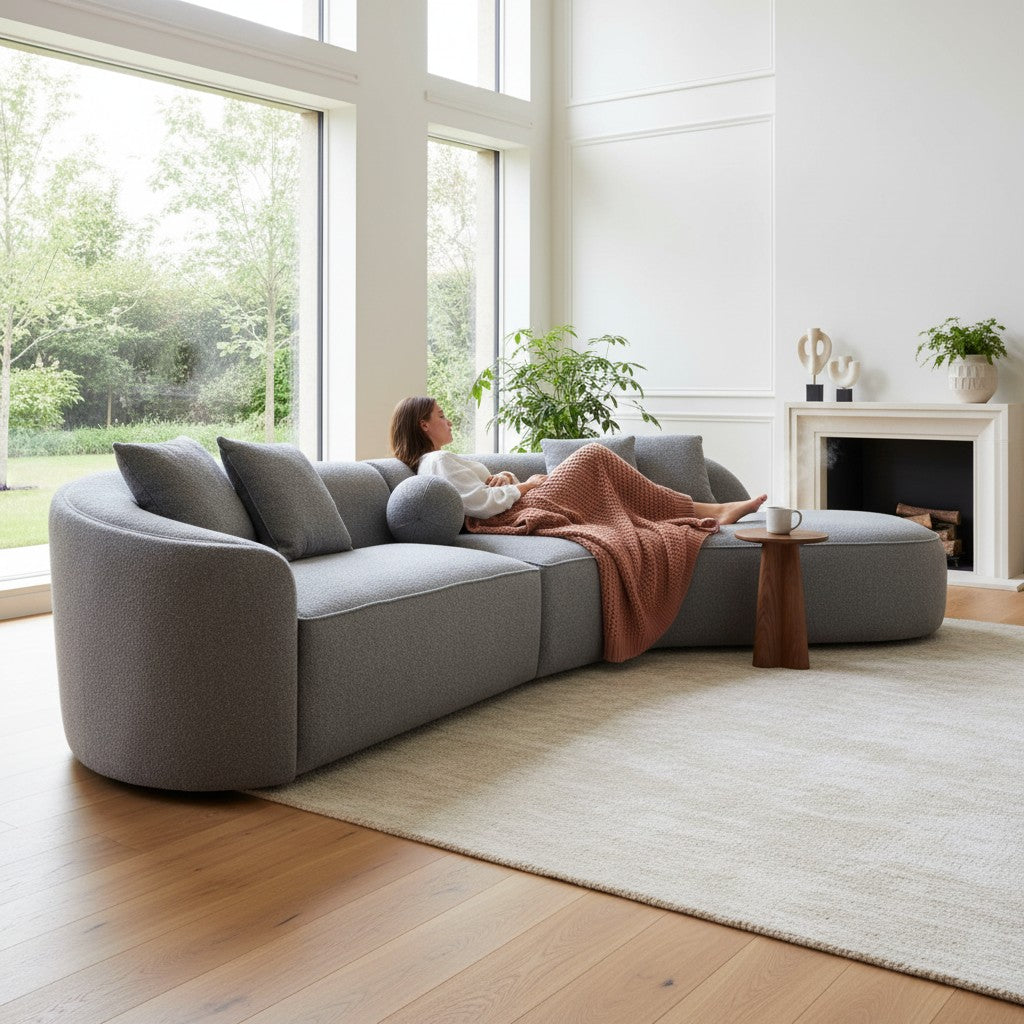 The Pebble Boucle Modern Design Sofa In Grey Fabric