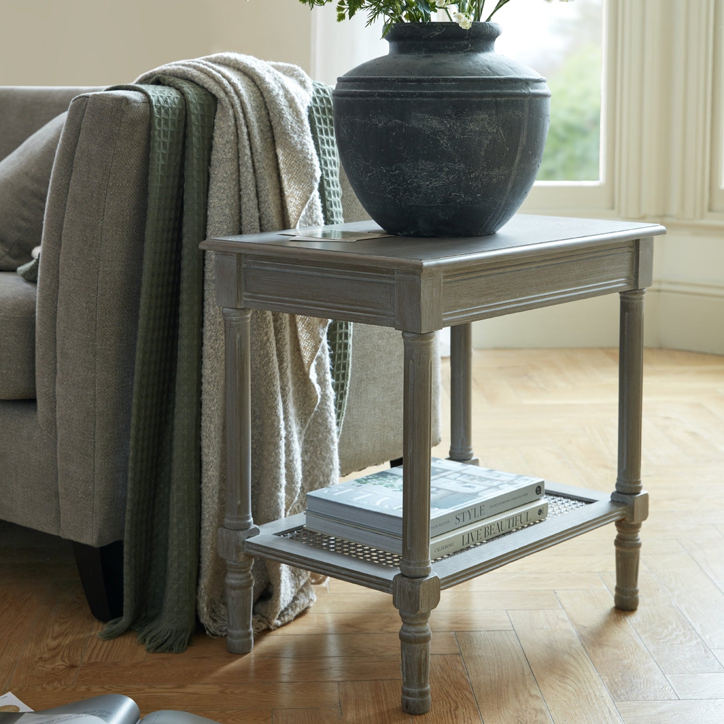 Luxury Serene Rattan Grey Wood Side Lamp Table