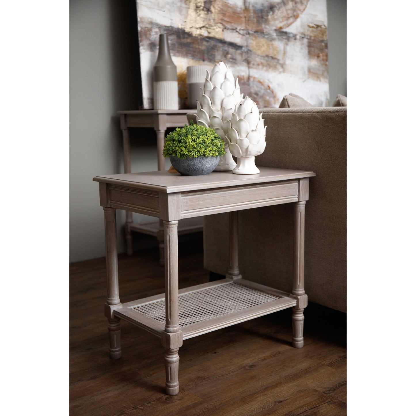 Luxury Serene Rattan Grey Wood Side Lamp Table