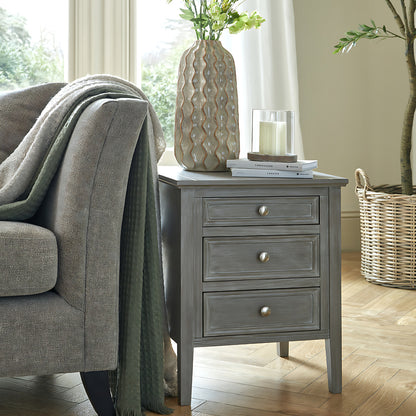 Luxury Serene Three Drawer Grey Wood Bedside Lamp Table