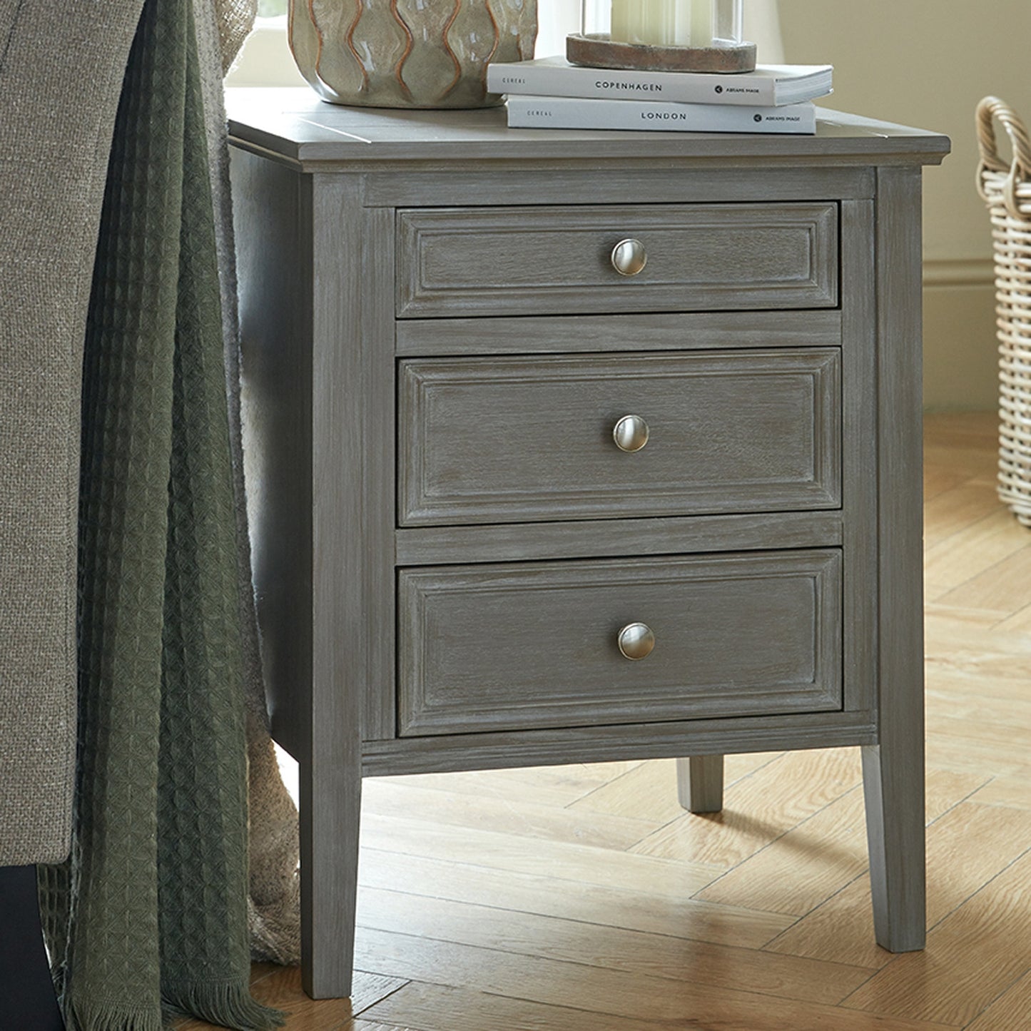 Luxury Serene Three Drawer Grey Wood Bedside Lamp Table