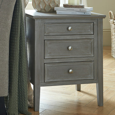 Luxury Serene Three Drawer Grey Wood Bedside Lamp Table