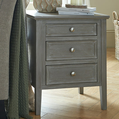 Luxury Serene Three Drawer Grey Wood Bedside Lamp Table