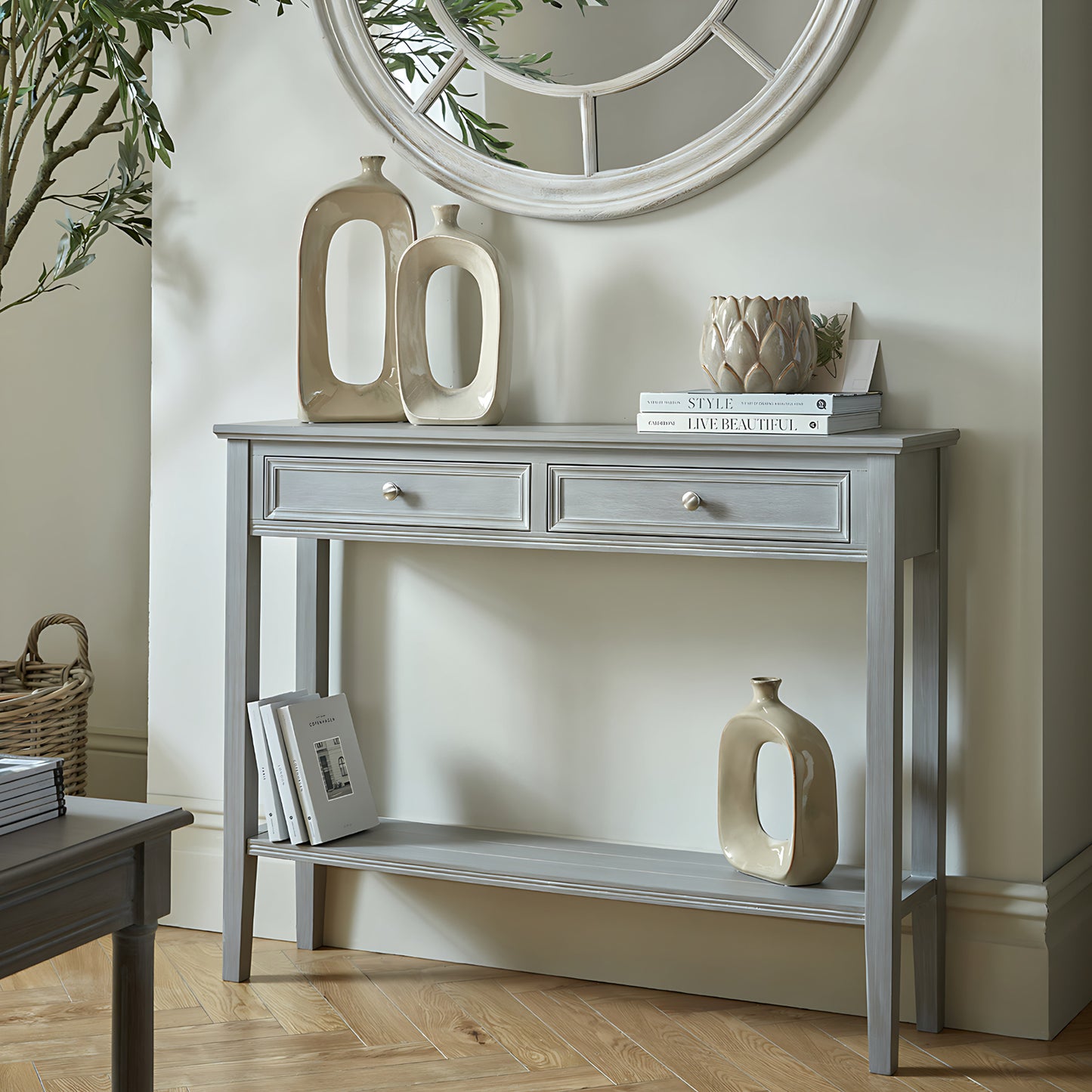 Luxury Serene Two Drawer Grey Wood Console Table