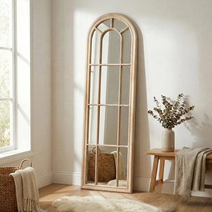 Torin 170cm Rustic Washed Wood Tall Arched Window Wall Mirror