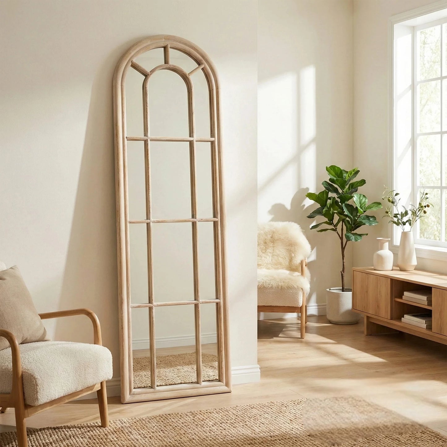 Torin 170cm Rustic Washed Wood Tall Arched Window Wall Mirror