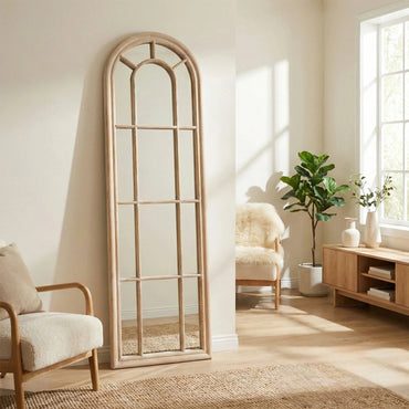 Torin 170cm Rustic Washed Wood Tall Arched Window Wall Mirror