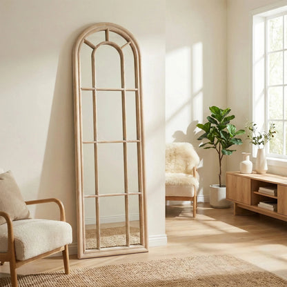 Torin 170cm Rustic Washed Wood Tall Arched Window Wall Mirror