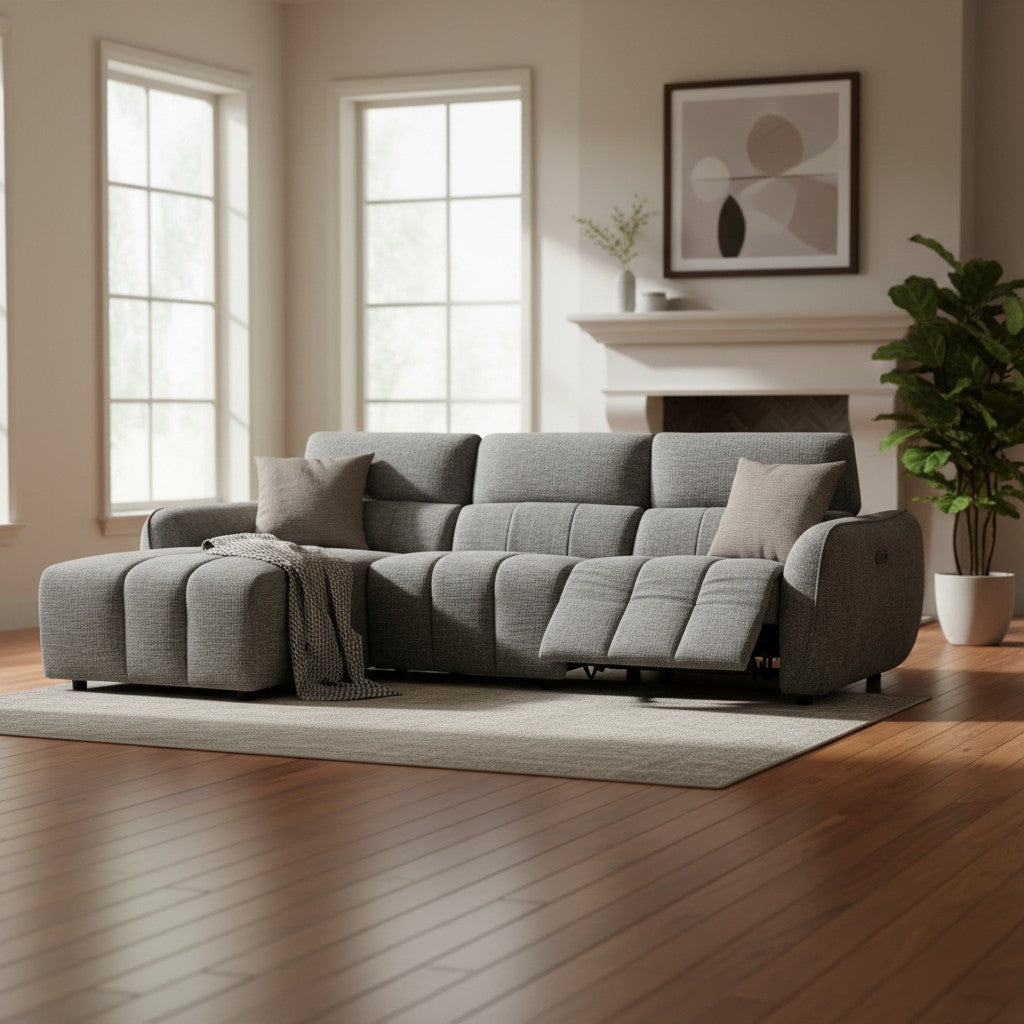 Turin Electric Recliner Charcoal Grey Fabric Left Hand L-Shape Corner Sofa